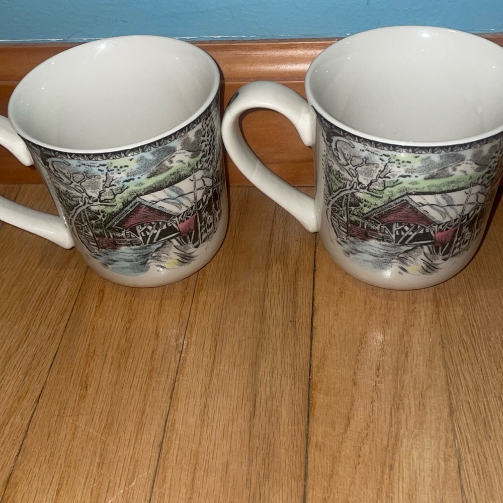 Christmas pair of Johnson Brothers Covered Bridge Coffee Mugs